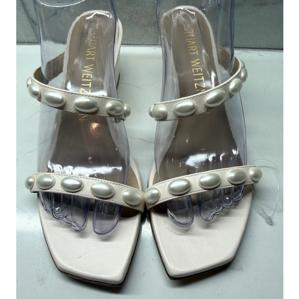 Stuart Weitzman Pearl Embellished Leather Wedge Sandals  Size 8B - Picture 4 of 10